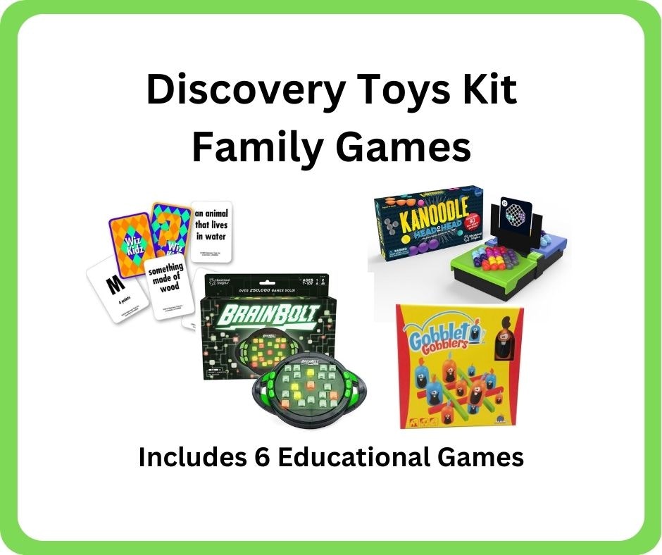 The image features a Discovery Toys Kit with six educational family games, including BrainBolt, Kanoodle, and Gobblet Gobblers.