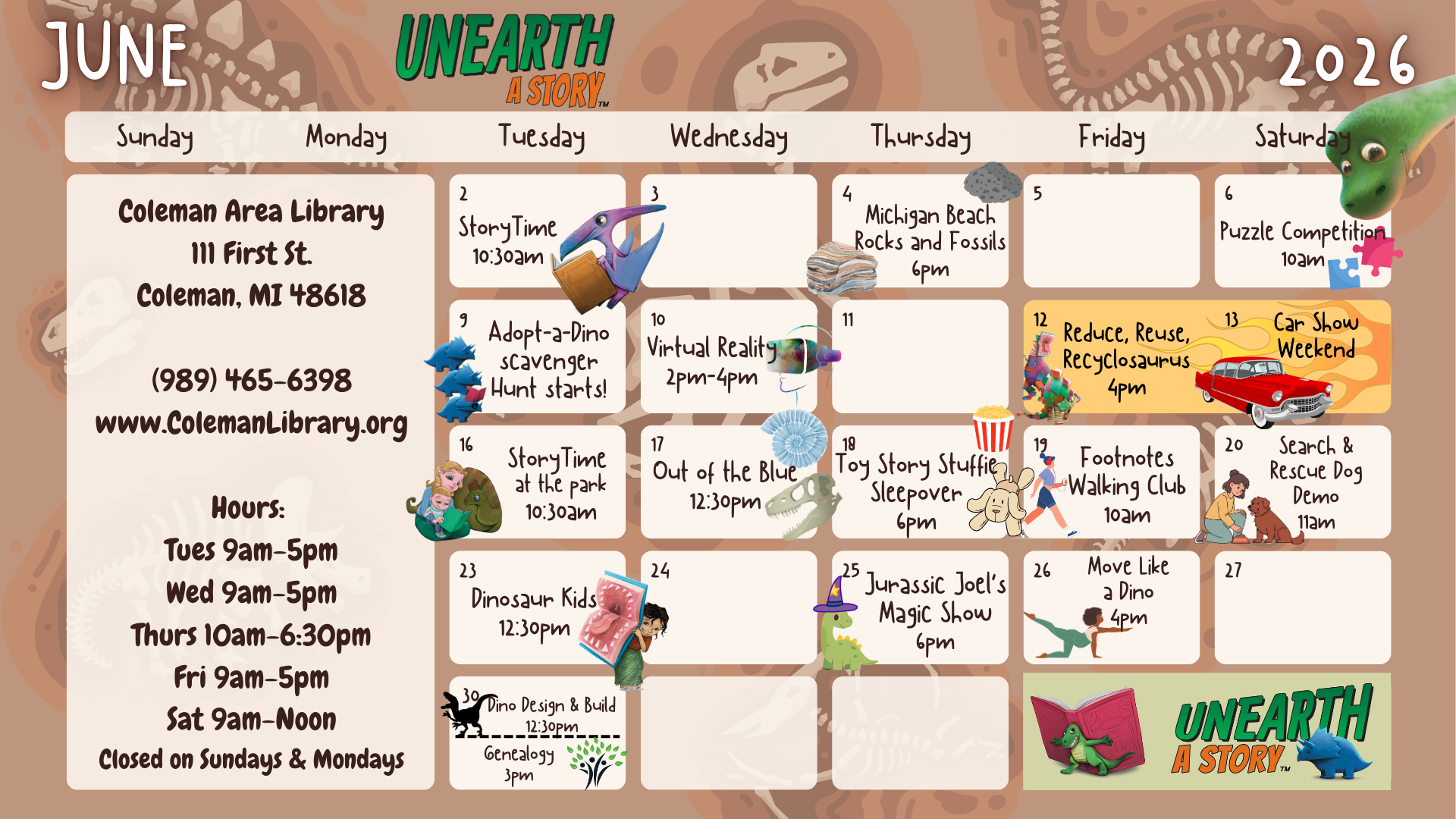 The image shows a calendar for June 2026 with events at the Coleman Area Library, focusing on dinosaurs and family activities.