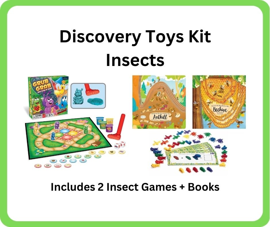 Image of a Discovery Toys Kit focused on insects, featuring two games ("Grub Grab," "Anthill") and educational books.