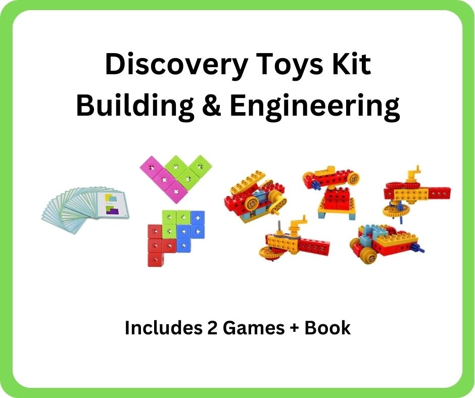 Image showcases the "Discovery Toys Kit" for building and engineering, including 2 games and a book.