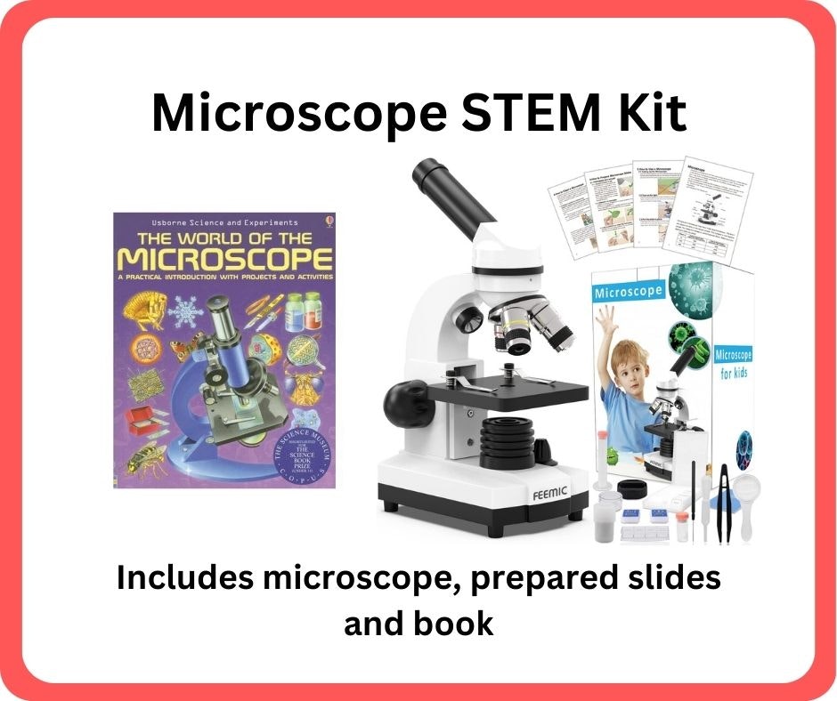 A STEM kit featuring a microscope, prepared slides, a book, and various tools for educational exploration.