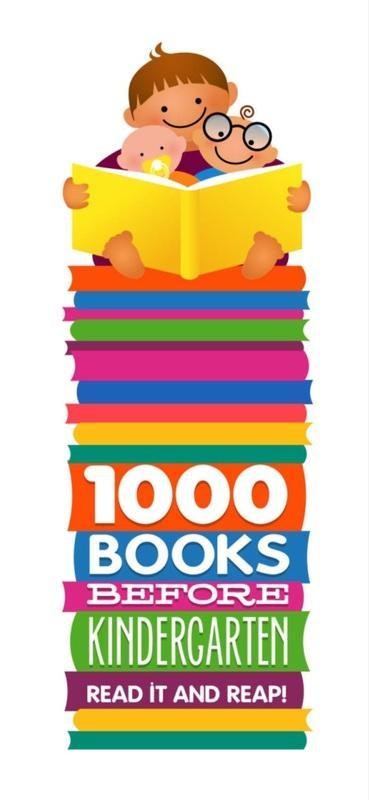 A colorful graphic promoting "1000 Books Before Kindergarten" with kids reading and stacks of books. Exciting initiative for early literacy!