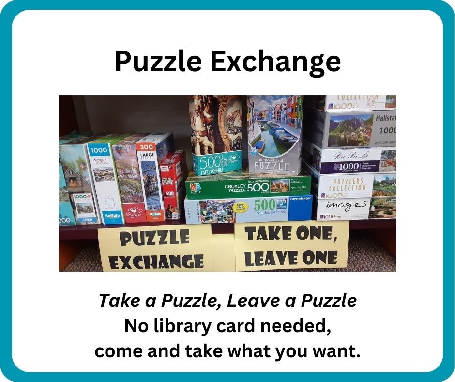 A "Puzzle Exchange" display invites people to take or leave puzzles without needing a library card.