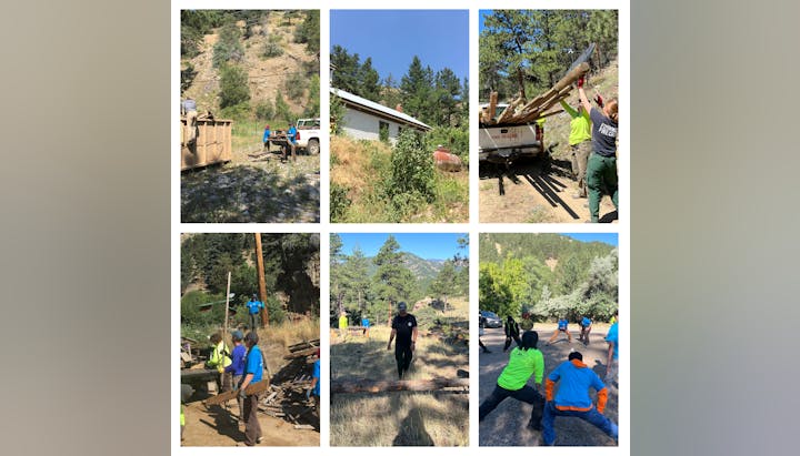 A collage of outdoor activities, including teamwork and clearing vegetation.