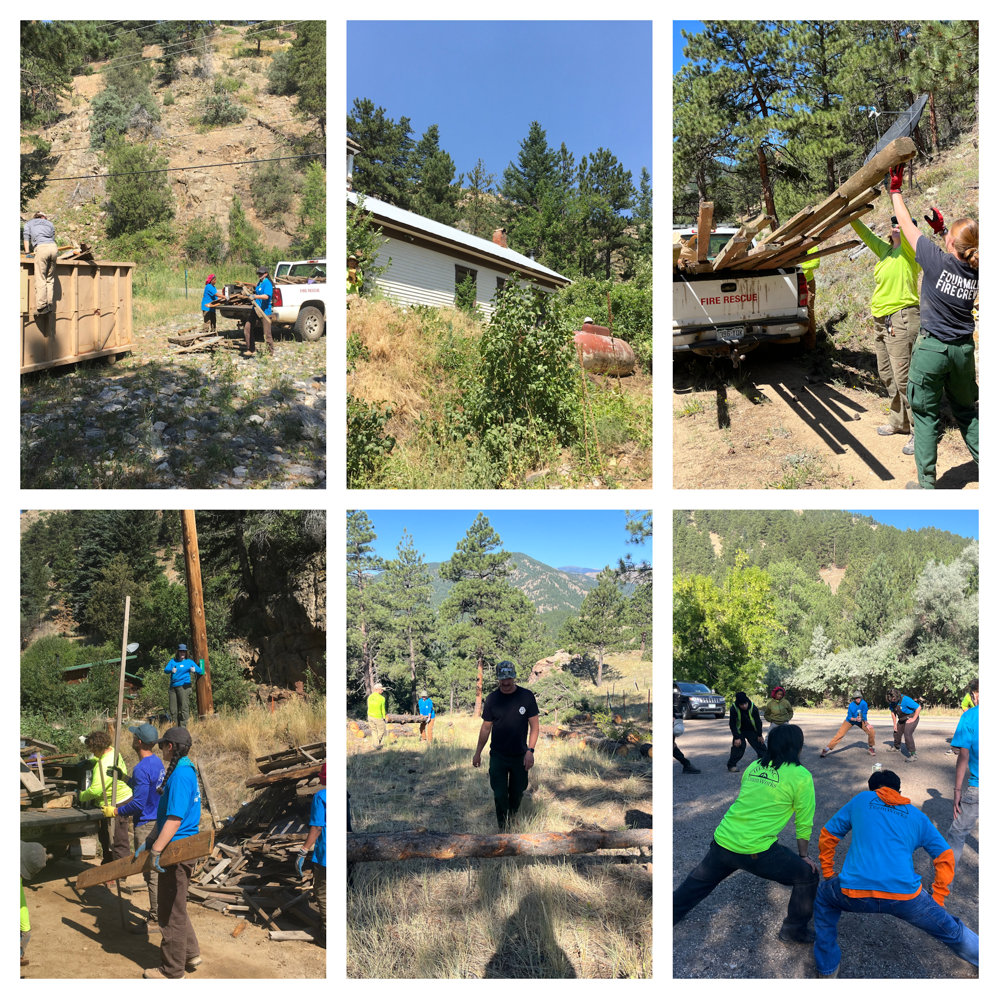 A collage of outdoor activities, including teamwork and clearing vegetation.