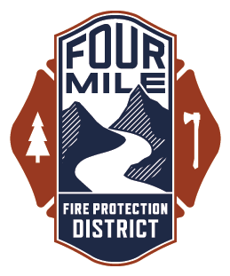 A badge logo for "Four Mile Fire Protection District" with a river, tree, and firefighter symbols.