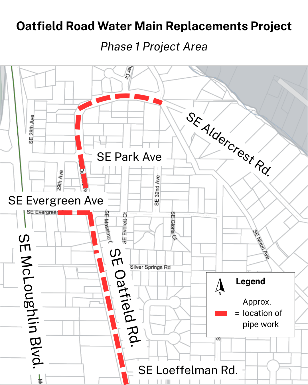 Map showing Oatfield Road water main replacements between SE Evergreen Ave and SE Aldercres Rd.