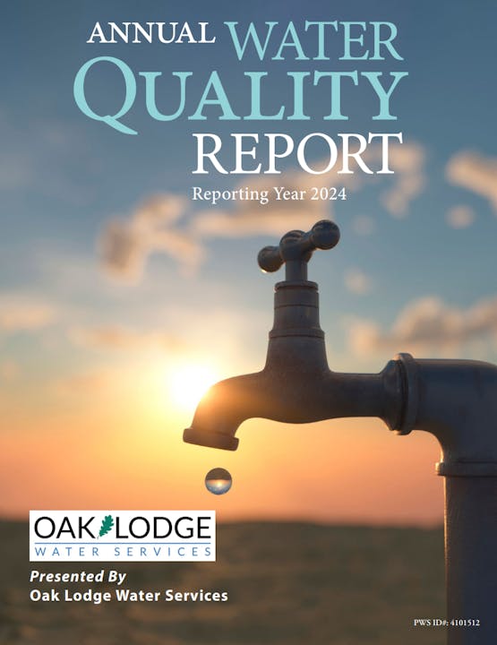 Annual Water Quality Report 2024, presented by Oak Lodge Water Services, with a water tap and sunset background.