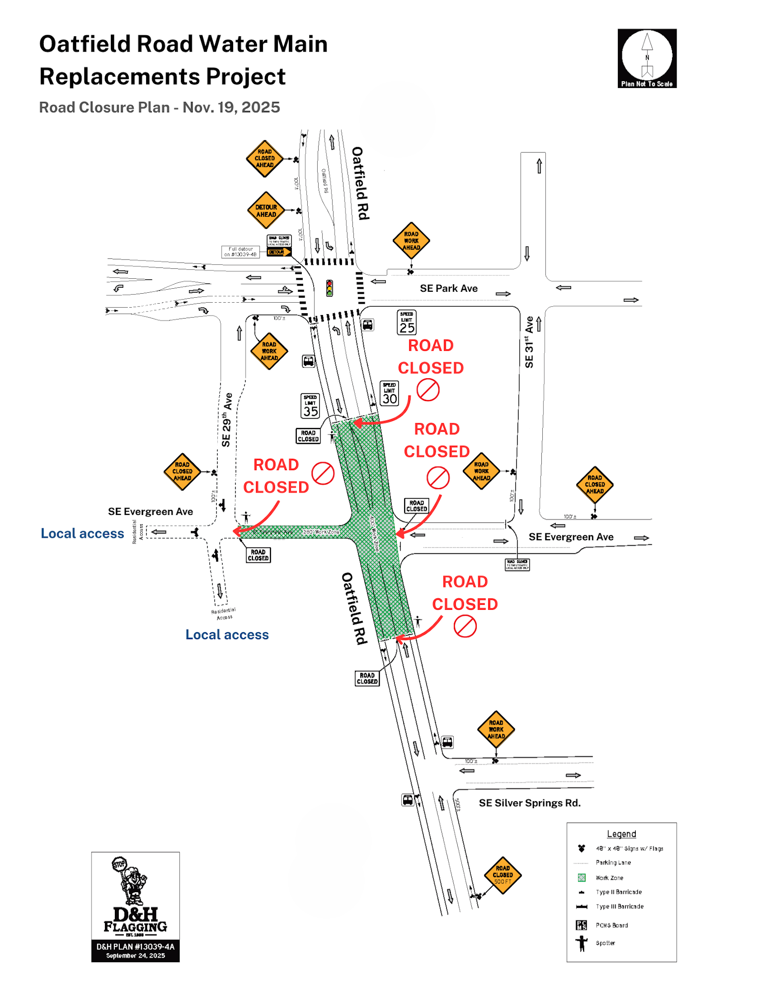 Map detailing road closures for the Oatfield Road Water Main Replacement Project on Nov. 19, 2025, with local access indicated.