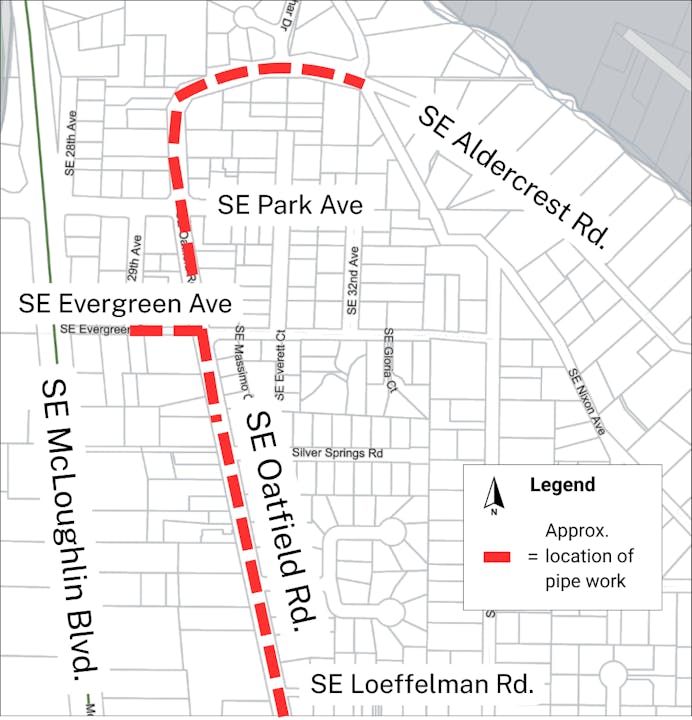 Map showing pipe work locations on SE Oatfield Rd. and SE Park Ave., highlighted in red.