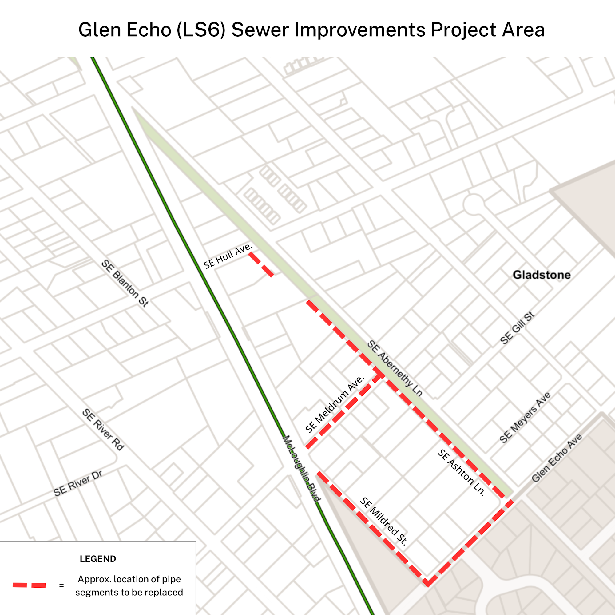 Map showing Glen Echo (LS6) sewer improvements with marked pipe segments for replacement.