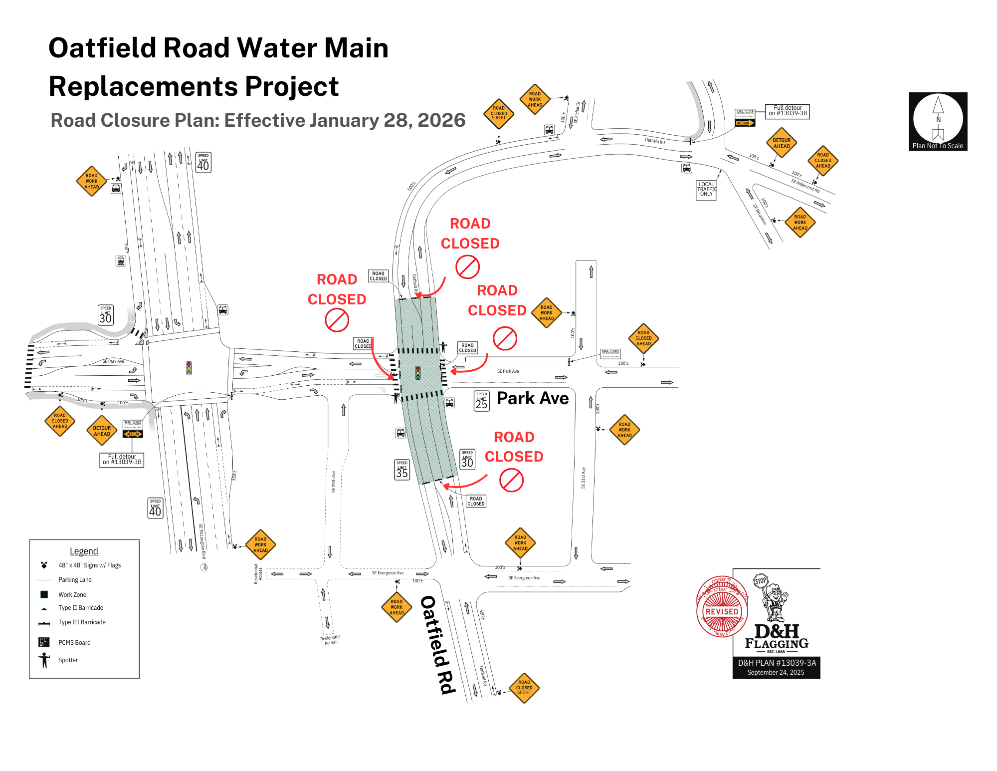 Map detailing road closures for the Oatfield Road Water Main Replacements Project, effective January 28, 2026.