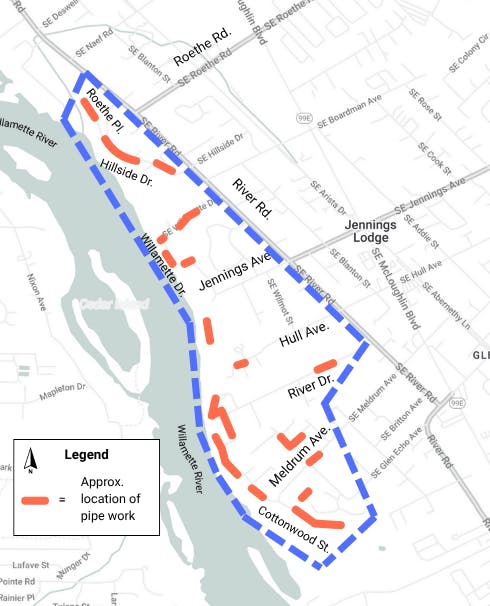 Map highlighting pipe work locations in red within a blue dashed boundary along roads near Willamette River.
