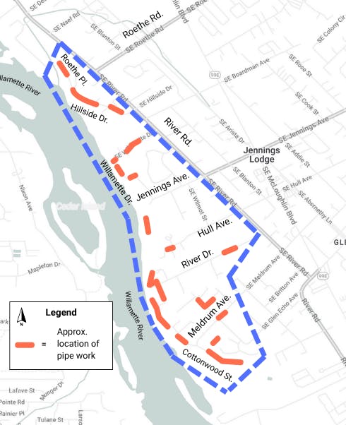 Map showing pipe work locations in Jennings Lodge area, marked by red lines, with a dashed blue boundary line.