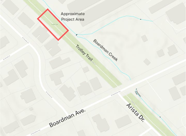 Map showing Trolley Trail, Boardman Creek, Boardman Ave, Arista Dr; marked project area along the trail.