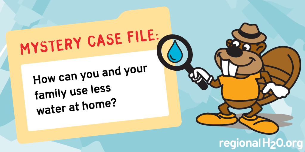 The image features a character asking how families can conserve water at home, promoting water-saving tips.