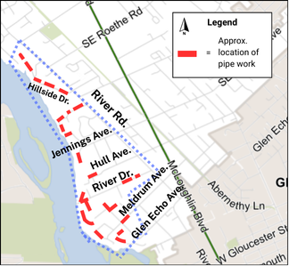 Map highlighting the approximate location of pipe work along various streets, with a legend for clarity.