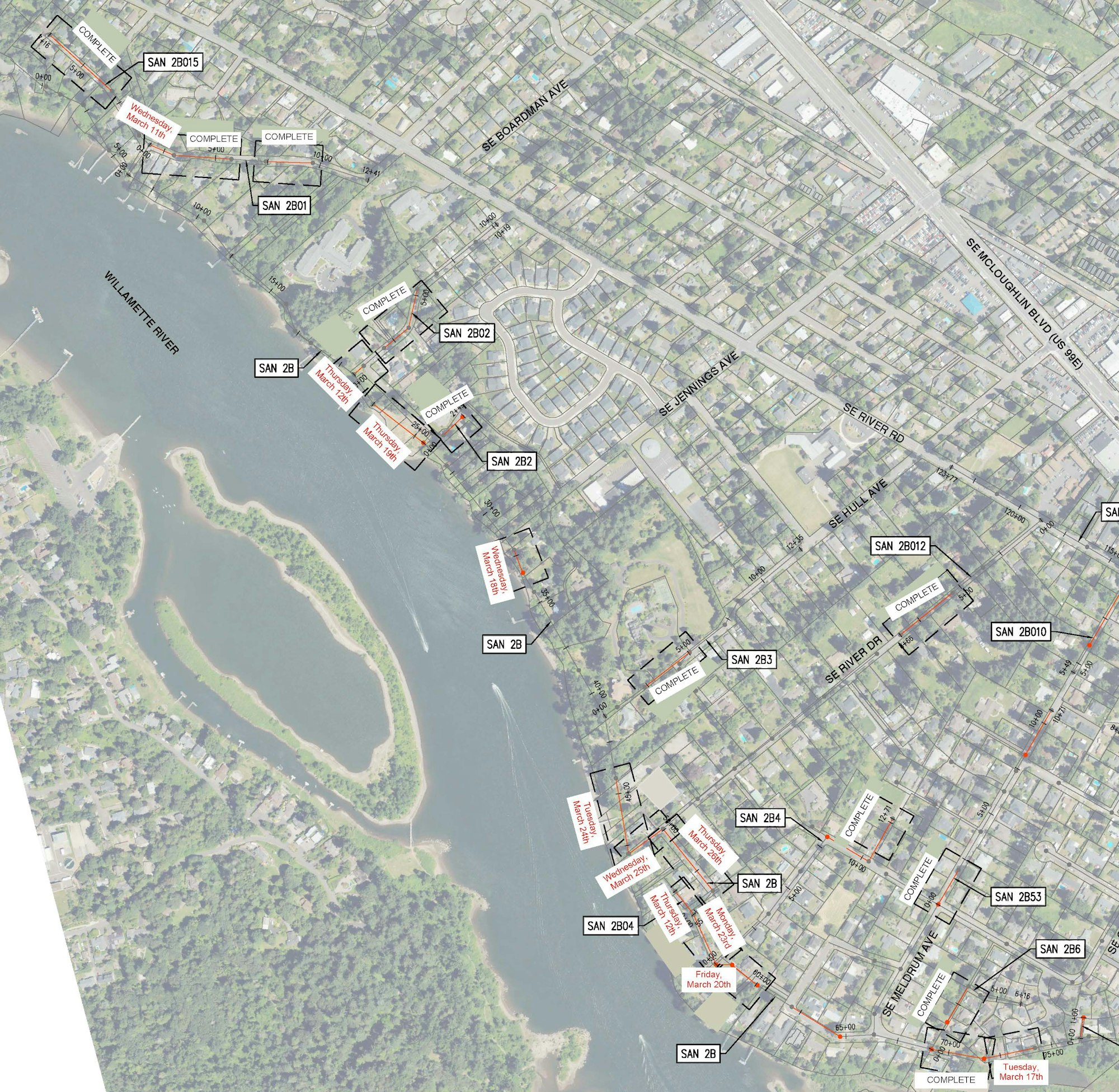 The image shows a map with marked locations and status labels related to a project, likely along the Willamette River.