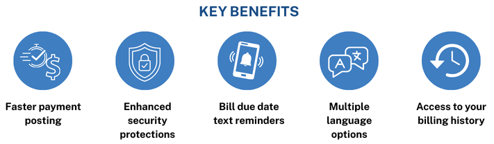 Key benefits: Faster payment posting, enhanced security, bill reminders, language options, and billing history access.