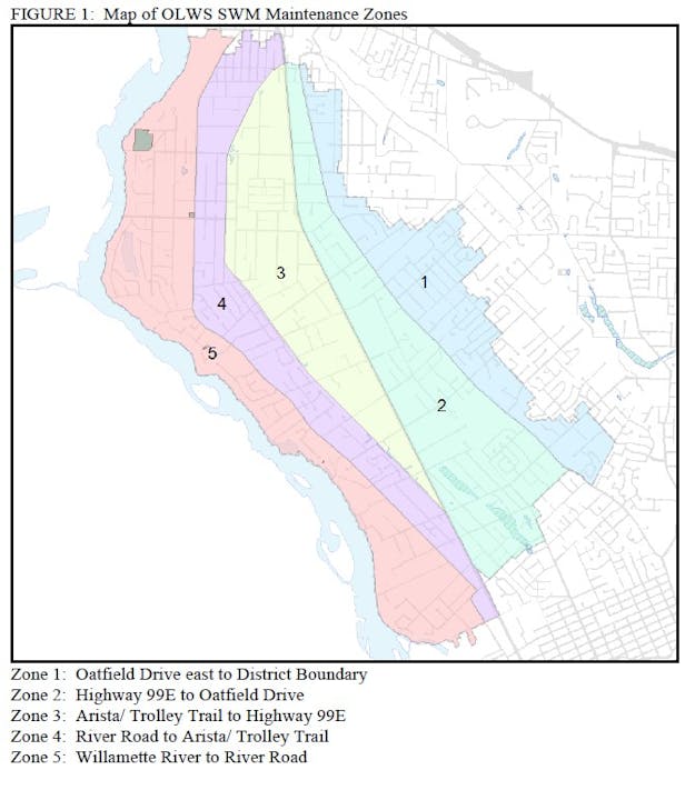 A map showing five SWM maintenance zones, detailing specific areas and boundaries for each zone in the OLWS region.