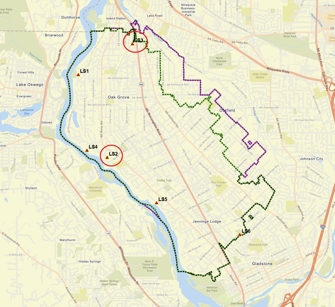 The image is a map showing various routes and locations marked by labels (LS1 to LS6) in the Oak Grove and Gladstone areas.