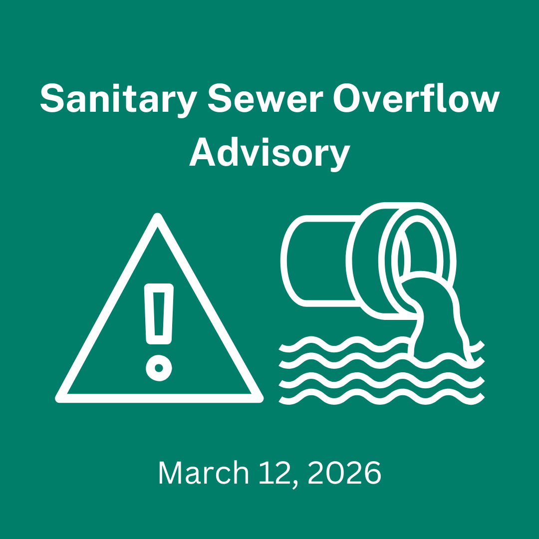 A Sanitary Sewer Overflow Advisory is issued, warning about potential sewer issues, dated March 12, 2026.