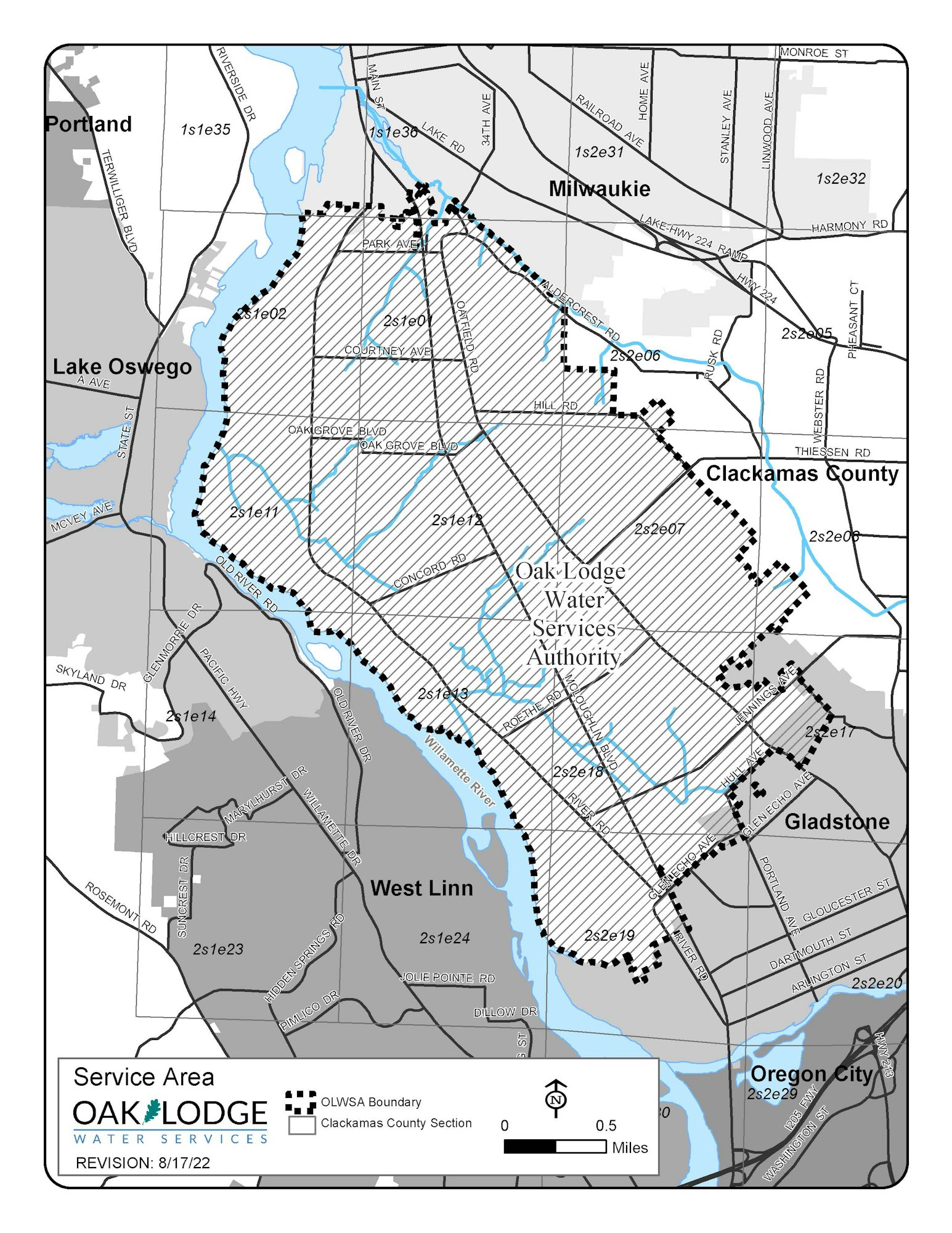 The image is a map showing the service area of Oak Lodge Water Services Authority in Clackamas County, Oregon.