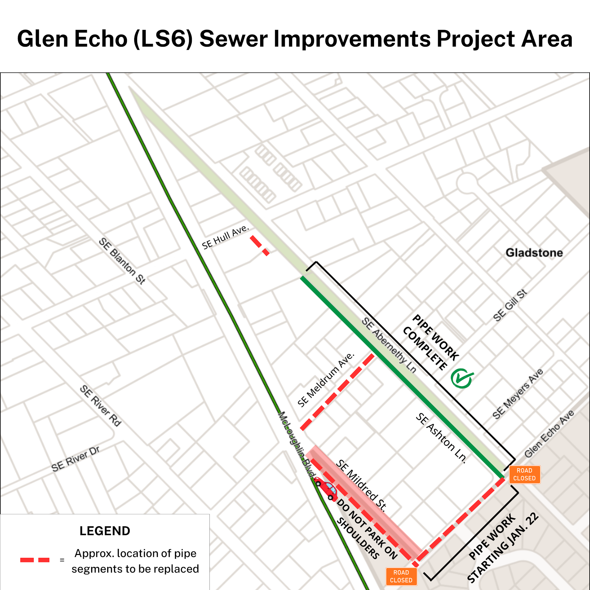Map showing the Glen Echo Sewer Improvements Project area, indicating completed work and closed roads for upcoming pipe replacements.