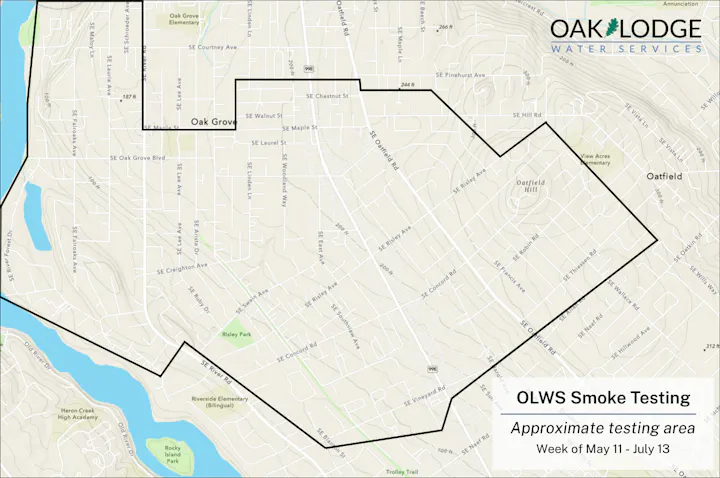 Map showing the approximate area for OLWS smoke testing scheduled from May 11 to July 13 in Oak Grove and surrounding regions.