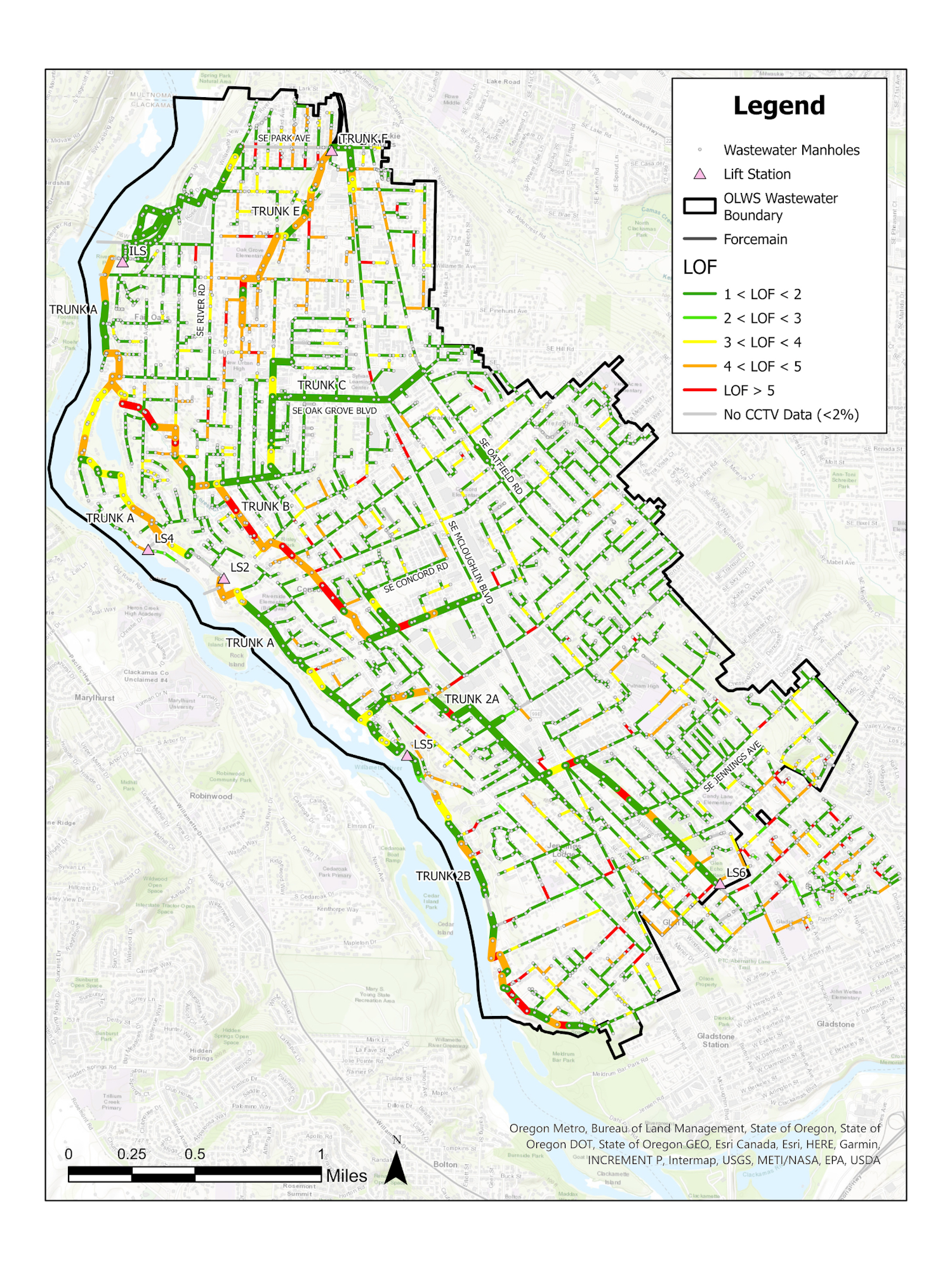 The image is a map showing wastewater infrastructure, including manholes and lift stations, with color-coded levels of flow (LOF).