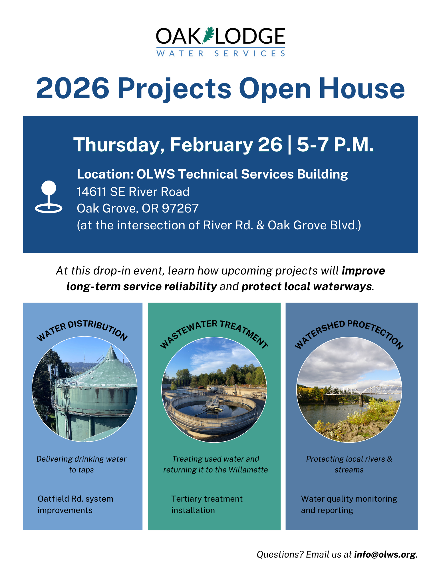 2026 Projects Open House on Feb 26, 5-7 PM at OLWS in Oak Grove. Learn about water distribution, treatment, and watershed protection.