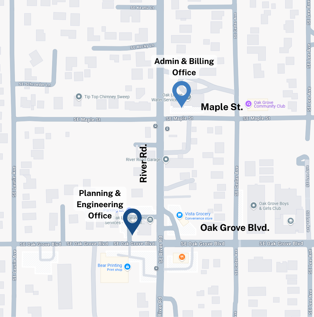 Map showing locations of Admin & Billing Office and Planning & Engineering Office on River Rd, with Maple St. and Oak Grove Blvd.