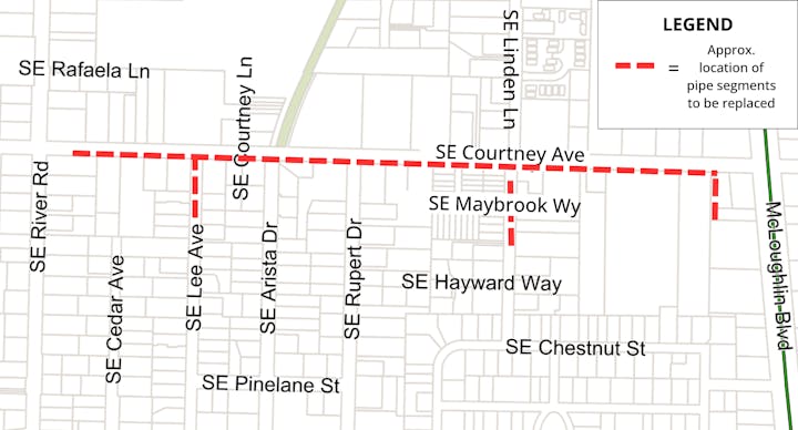 Map showing pipe segments to be replaced on SE Courtney Ave and nearby streets.