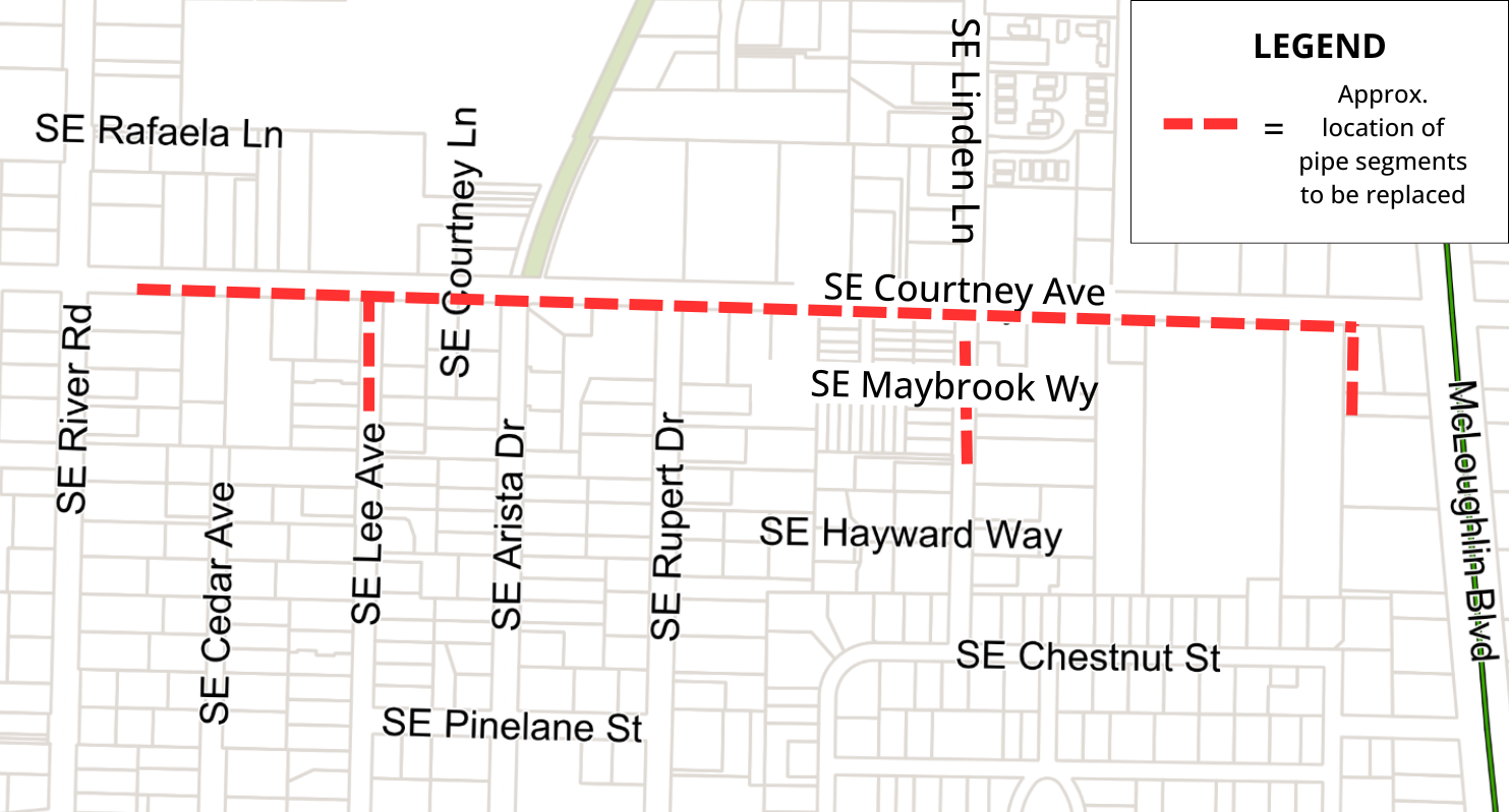 Map showing pipe segments to be replaced on SE Courtney Ave and nearby streets.