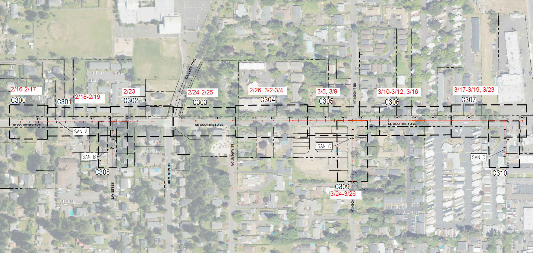 The image depicts a map with dates and segments (C300-C310) along SE Courtney Ave, possibly for a project or survey schedule.