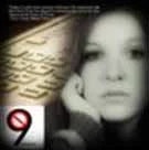 A woman's face overlaid with text and a "no" symbol over a quill pen.
