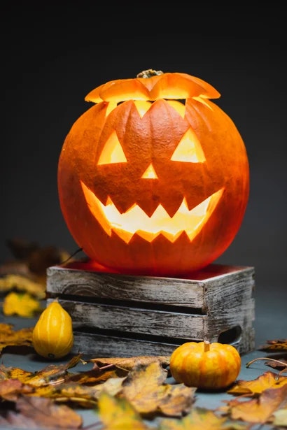 A carved pumpkin with a glowing face on a stack of books, surrounded by autumn leaves and mini pumpkins.