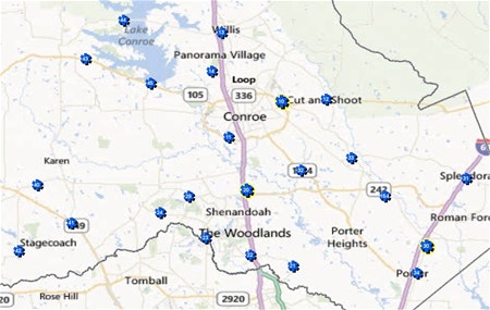 A map showing Conroe, The Woodlands, and surrounding areas with marked locations.
