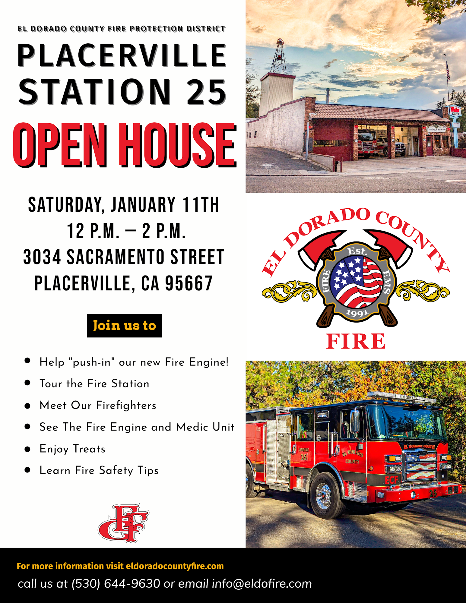 Open house event at Placerville Station 25 on January 11th, 12-2 PM. Activities include a fire engine push-in, station tour, and fire safety tips.