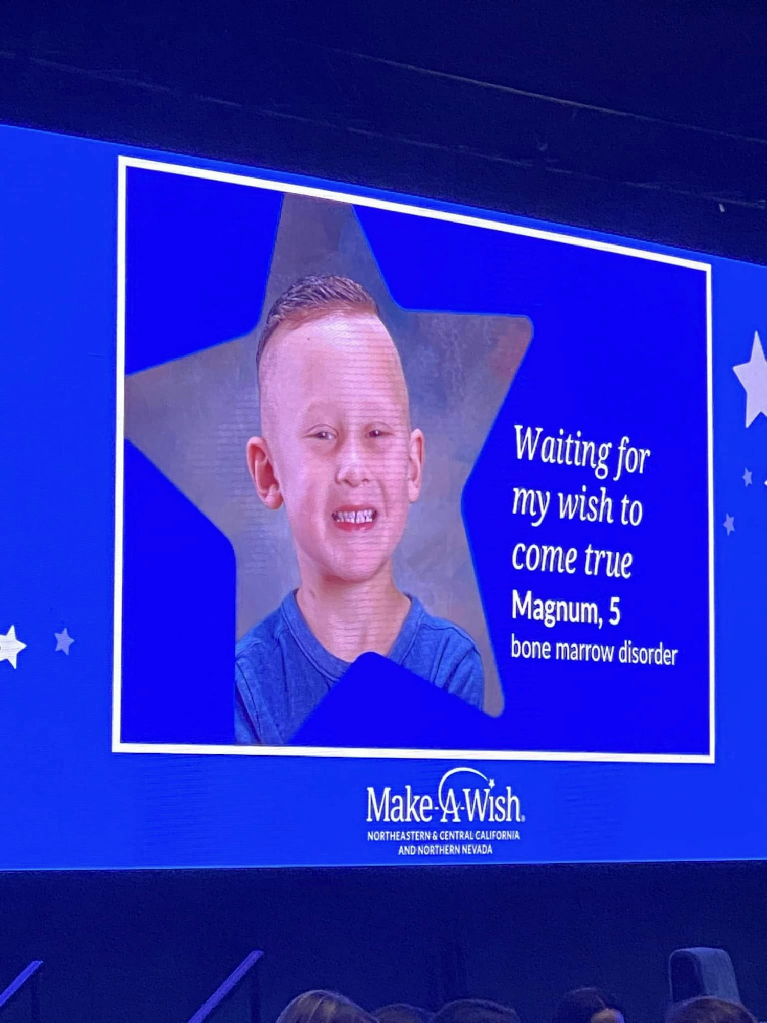 The image features a child named Magnum, 5, expressing his wish through Make-A-Wish, mentioning a bone marrow disorder.