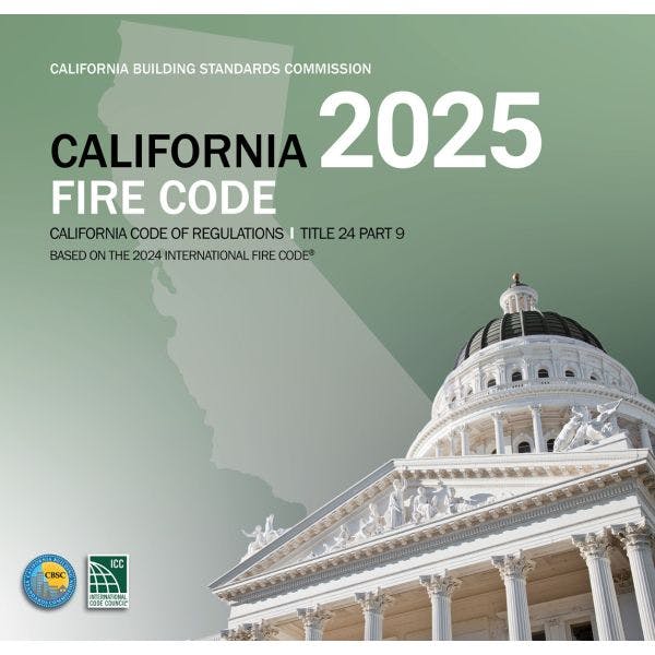 California 2025 Fire Code cover, Title 24 Part 9, based on 2024 International Fire Code, with building image.