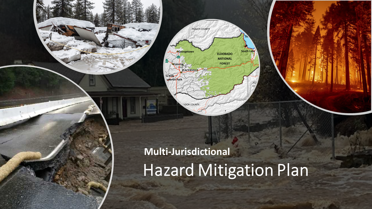 Collage of natural disasters with map, highlighting the importance of a Hazard Mitigation Plan.