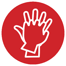 The image features a stylized outline of a hand inside a red circle, often symbolizing awareness or safety.