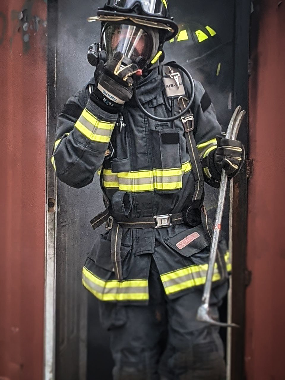 May contain: helmet, clothing, apparel, person, human, and fireman