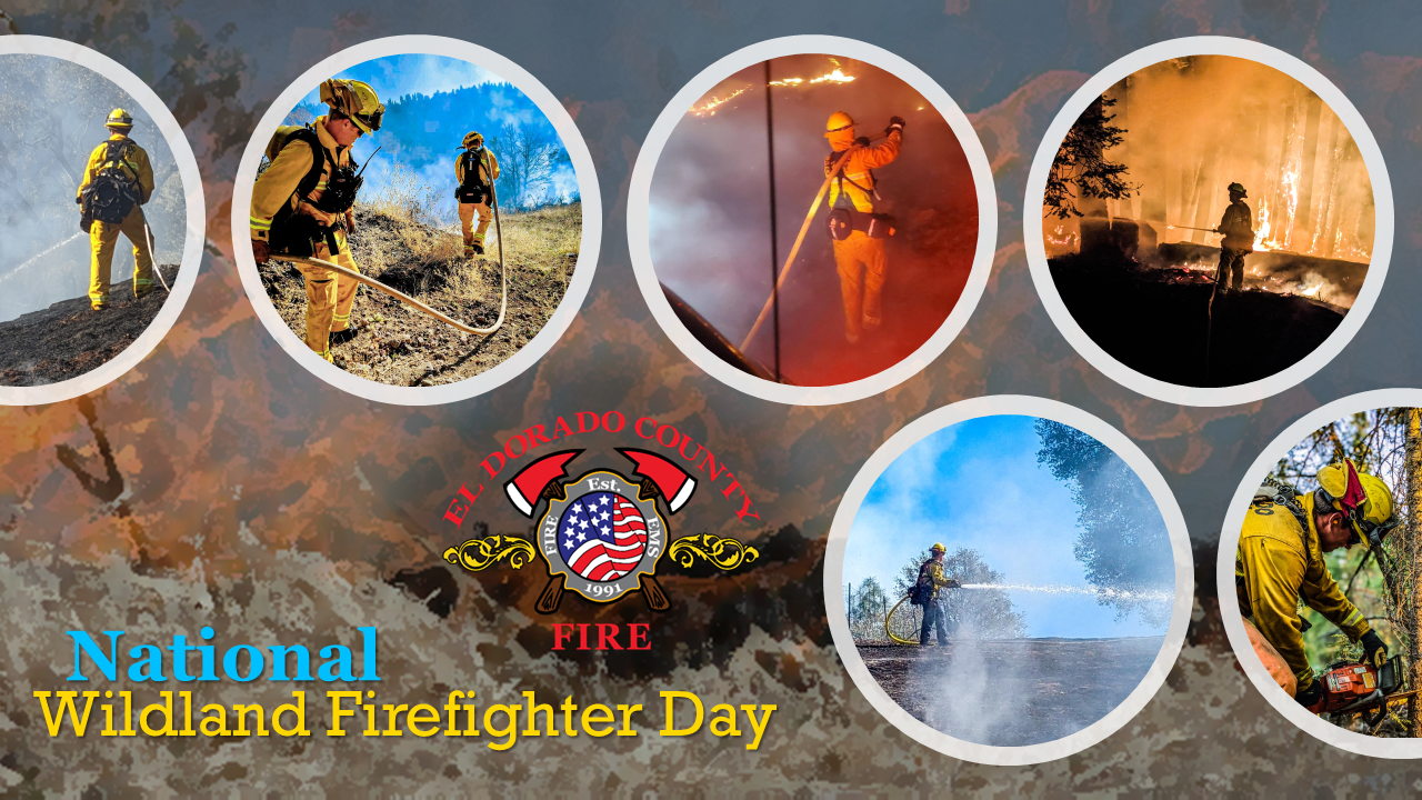 Firefighters battling wildfires, promoting National Wildland Firefighter Day, El Dorado County Fire Department logo.