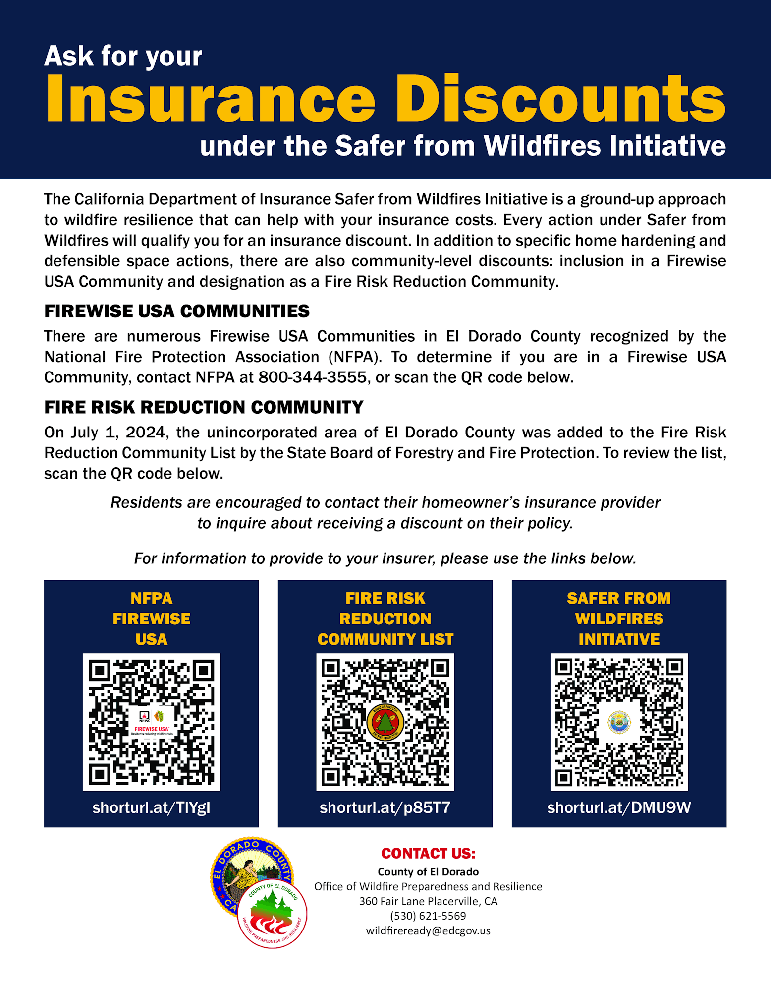 An information flyer about insurance discounts under the Safer from Wildfires Initiative, with contact details, QR codes, and a call to action.
