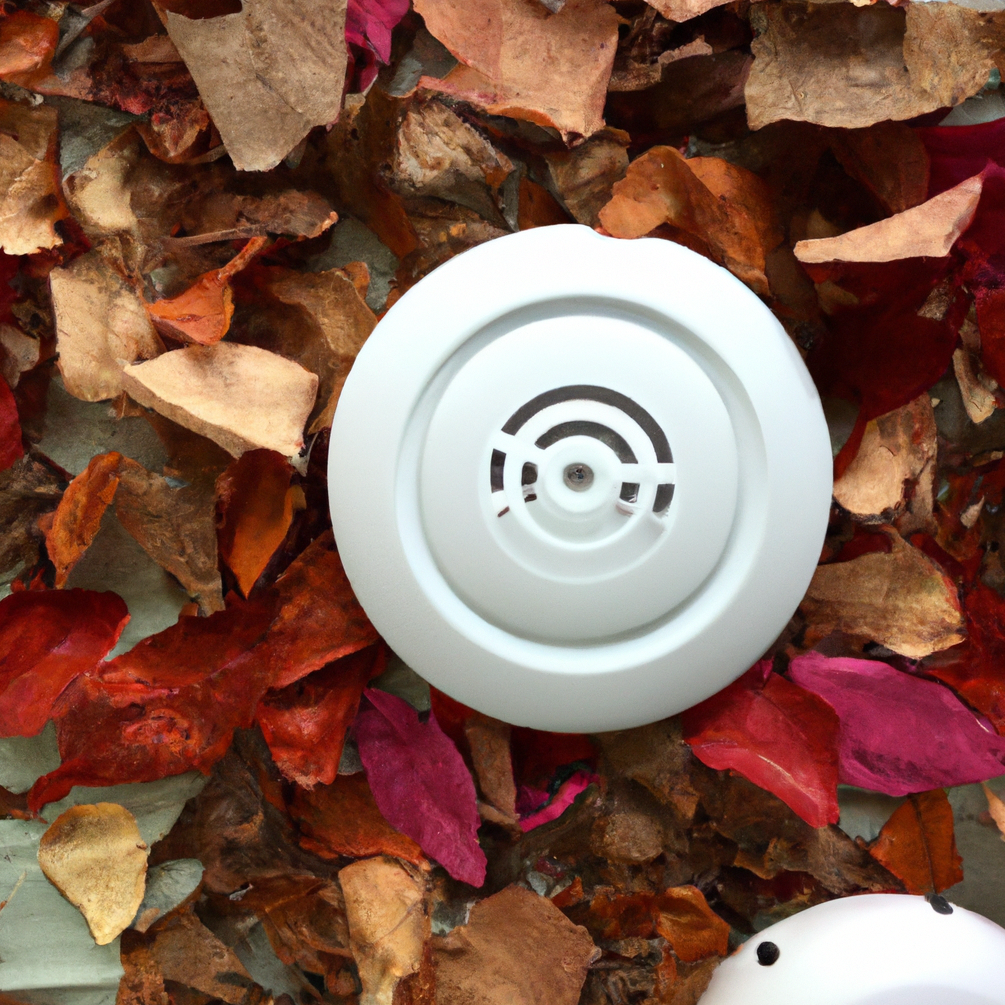 A white smoke detector is placed on a bed of colorful dried leaves and petals, creating a contrasting natural scene.