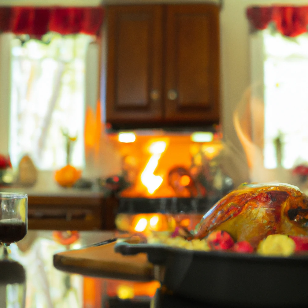 A golden roasted turkey with colorful garnishes, a glass of drink, and a warm kitchen setting, hinting at a cozy gathering.