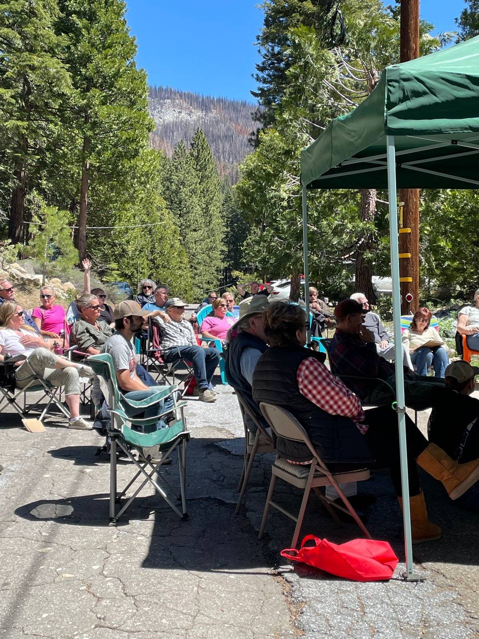 A group of people sitting on chairs under a tent in a forested area, enjoying a sunny day outdoors.