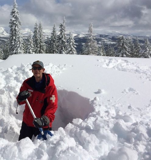 A person in a red jacket is shoveling snow in a snowy landscape with trees and mountains in the background.